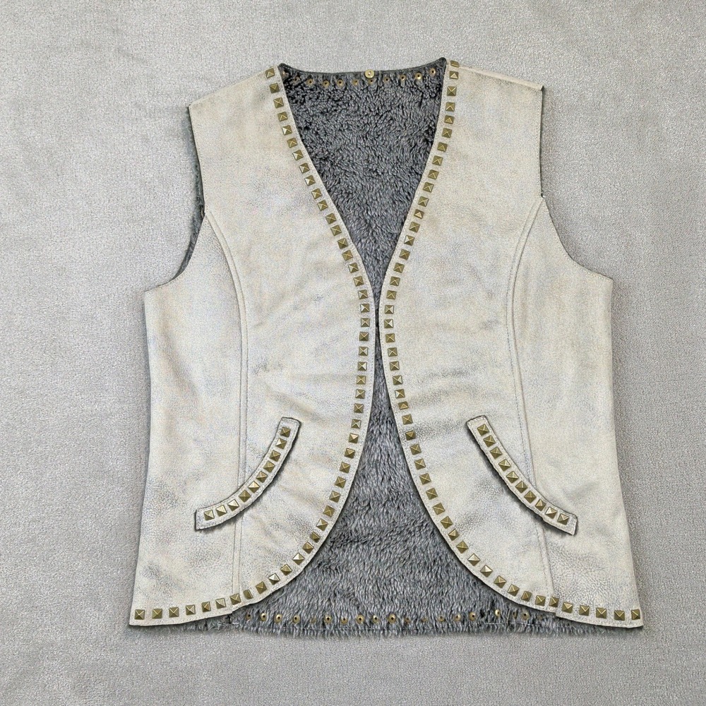 Montana Co Studded Faux Suede Shearling Vest Size M Women Tan Western Distressed
